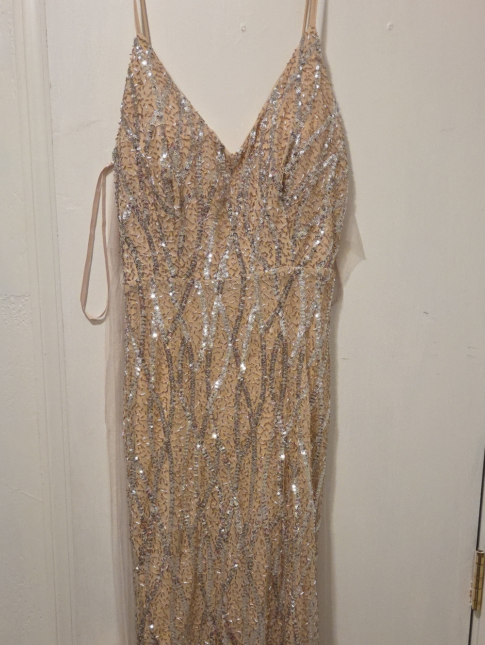 Jump Sequin V-Neck Nude Evening Dress, Slit. Low Back